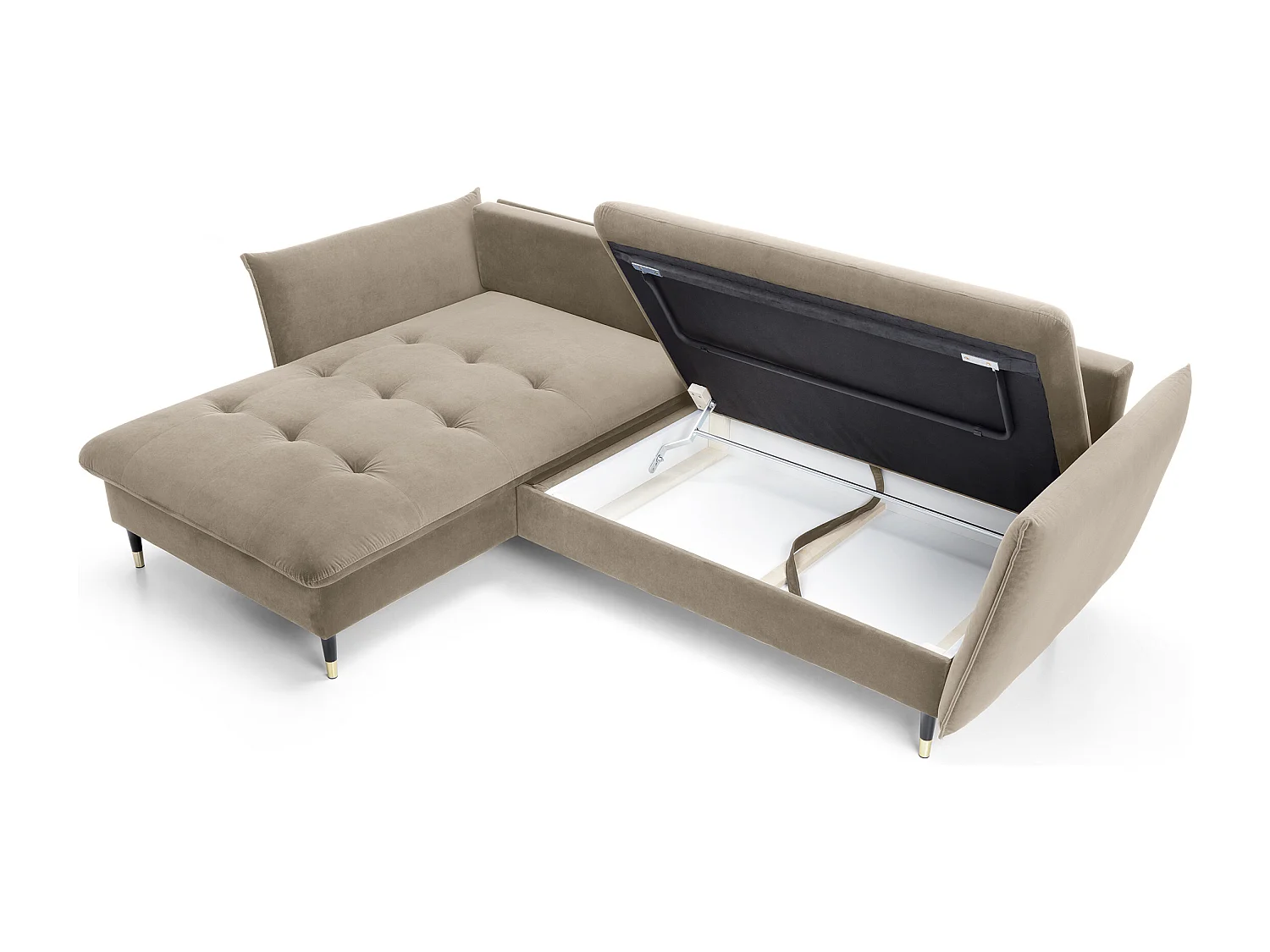 Narożnik GLAM z funkcją spania, otomana, złote nogi, welur, styl glamour, poduszki, 258x167x91cm, lewa strona beżowy