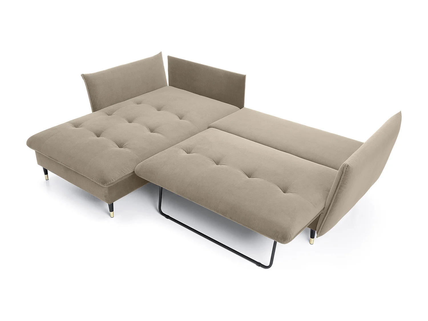 Narożnik GLAM z funkcją spania, otomana, złote nogi, welur, styl glamour, poduszki, 258x167x91cm, lewa strona beżowy