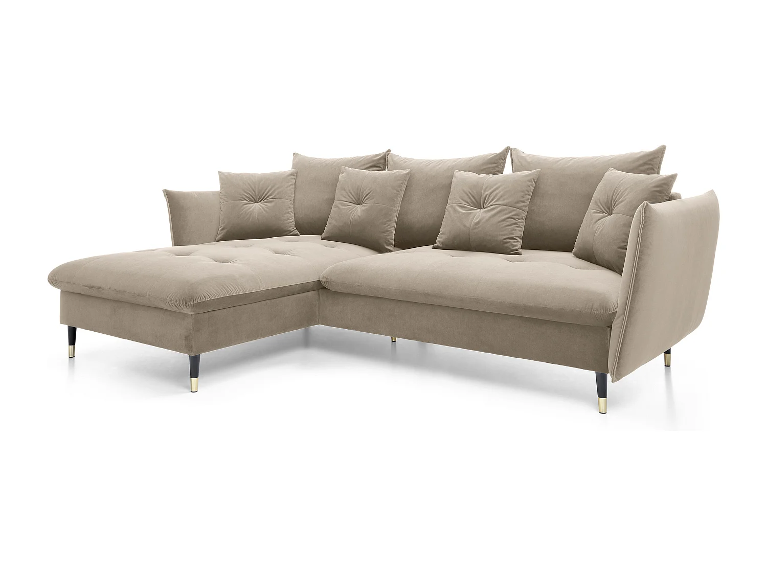 Canapé d'angle GLAM convertible, ottomane & pieds dorés – canapé en velours style glamour avec coussins déco, 258x167x91 cm, côté gauche BEIGE