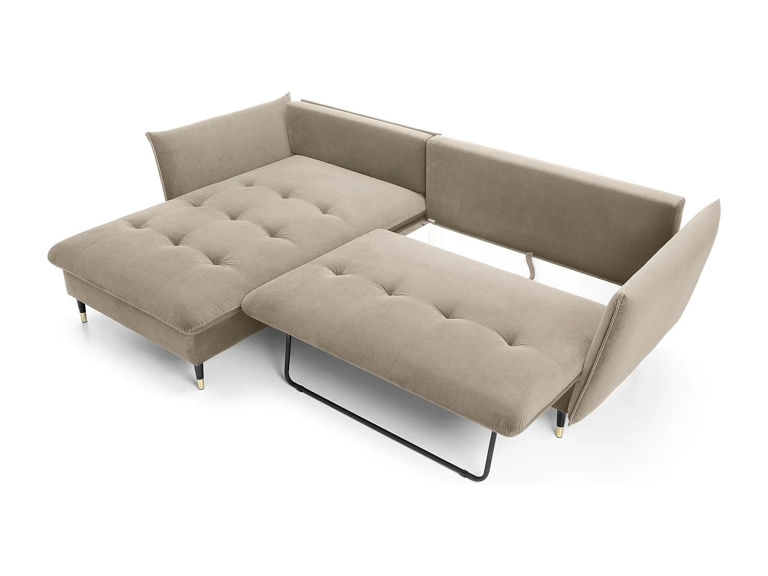 Canapé d'angle GLAM convertible, ottomane & pieds dorés – canapé en velours style glamour avec coussins déco, 258x167x91 cm, côté gauche BEIGE