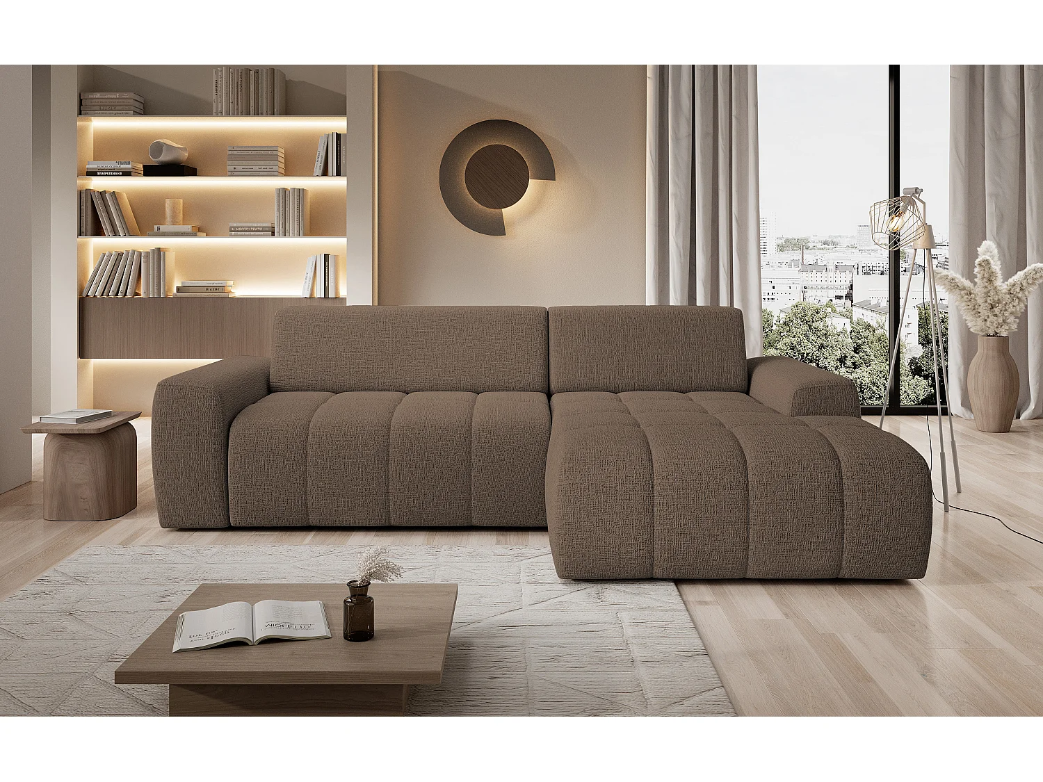 Canapé d'angle Savio indépendant, tissu Kansas résistant, dim. 265x172x81cm, couchage 206x92cm, côté droit, cappuccino