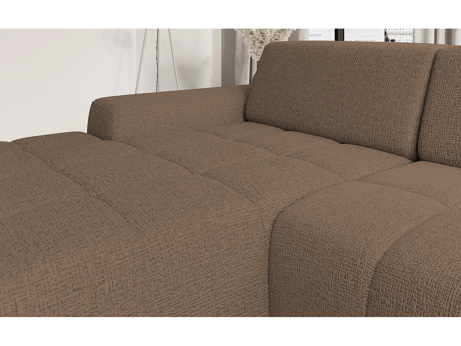 Canapé d'angle Savio indépendant, tissu Kansas résistant, dim. 265x172x81cm, couchage 206x92cm, côté droit, cappuccino