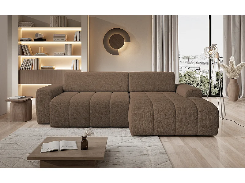 Canapé d'angle Savio indépendant, tissu Kansas résistant, dim. 265x172x81cm, couchage 206x92cm, côté droit, cappuccino