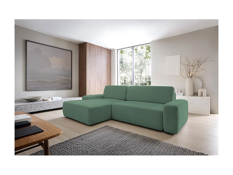 Canapé d’angle BOULI 4 places Raven, couchage 130x210cm, coffre, 264x162x82cm, gauche vert