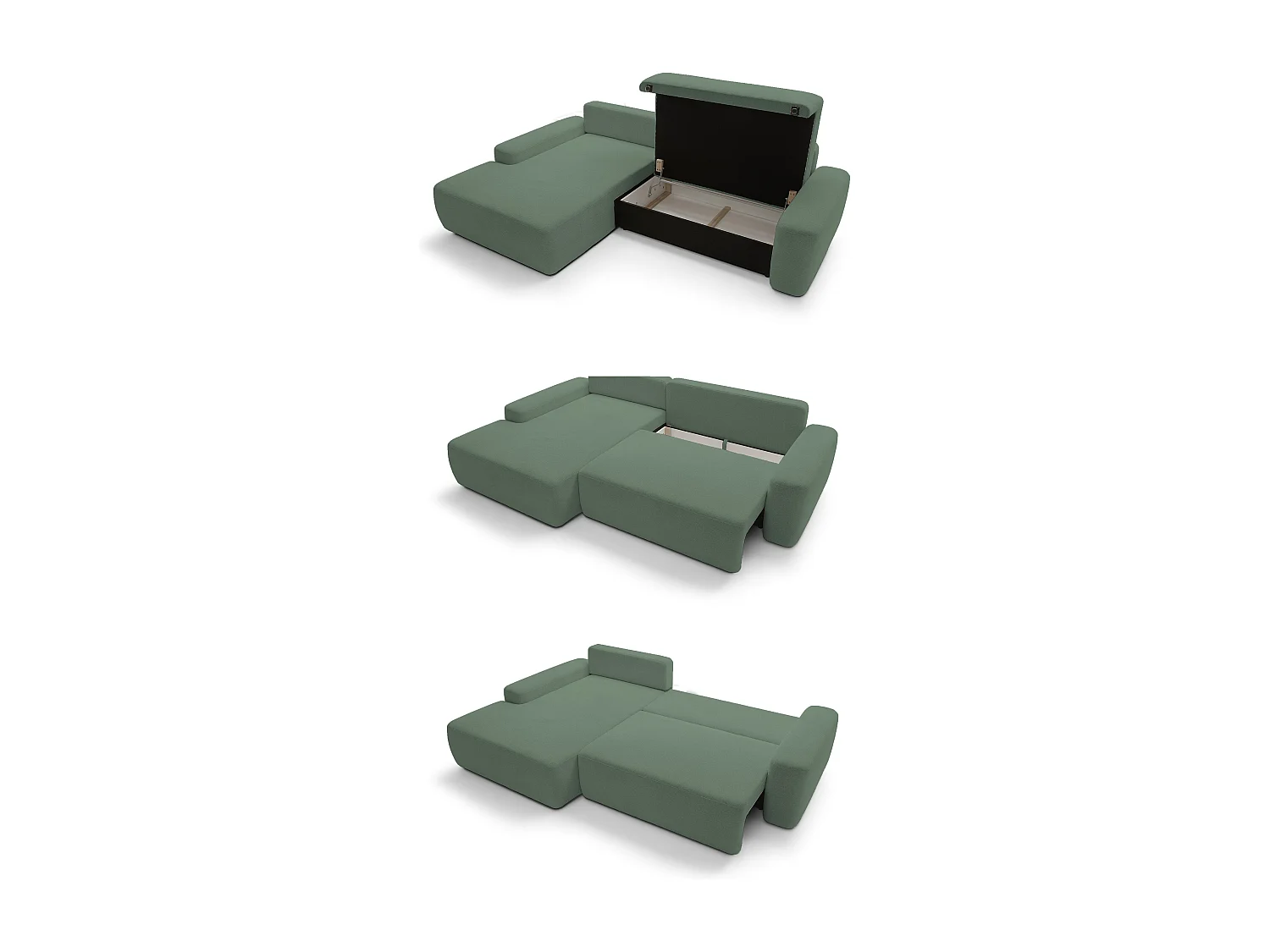 Canapé d’angle BOULI 4 places Raven, couchage 130x210cm, coffre, 264x162x82cm, gauche vert