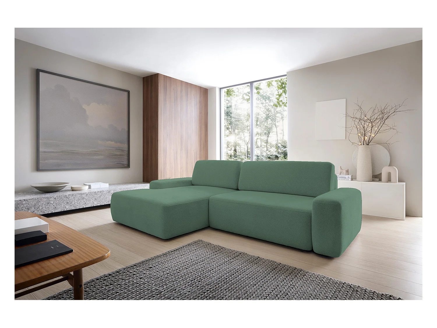 Canapé d’angle BOULI 4 places Raven, couchage 130x210cm, coffre, 264x162x82cm, gauche vert