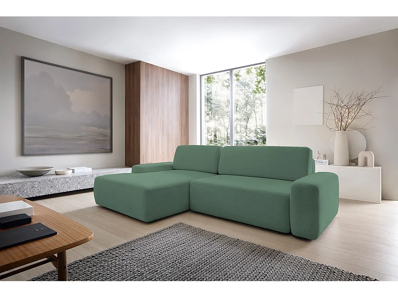 Canapé d’angle BOULI 4 places Raven, couchage 130x210cm, coffre, 264x162x82cm, gauche vert