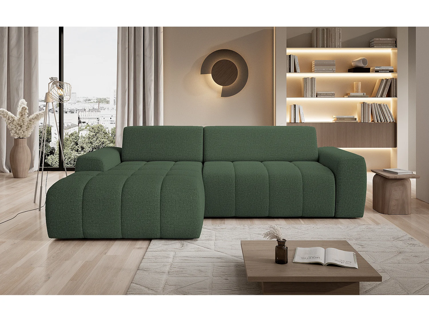 Canapé d'angle Savio indépendant, tissu Kansas résistant, dim. 265x172x81cm, couchage 206x92cm, côté gauche, vert