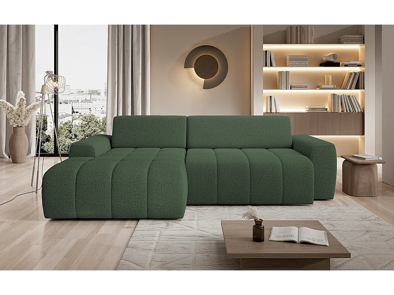 Canapé d'angle Savio indépendant, tissu Kansas résistant, dim. 265x172x81cm, couchage 206x92cm, côté gauche, vert