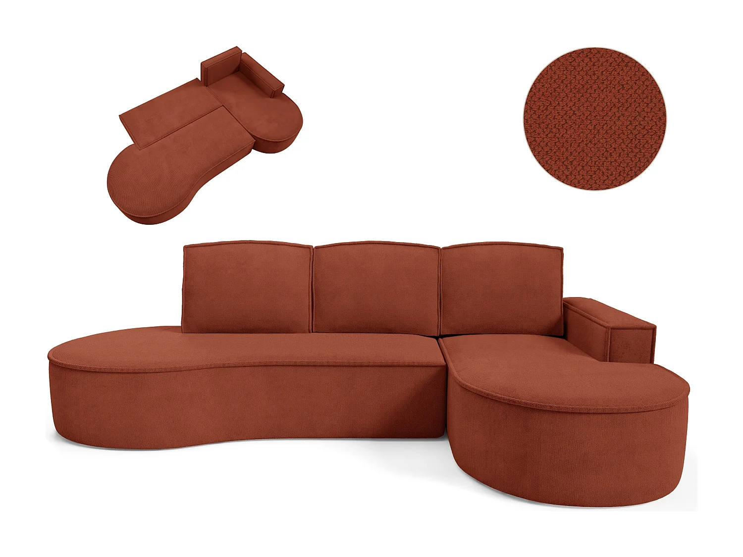 Ecksofa MOLLY mit Schlaffunktion – Halbrund, freistehend, Liegefläche 140x207 cm, 3 Kissen, Curio-Stoff, 277x157x88 cm, Rechts Braun