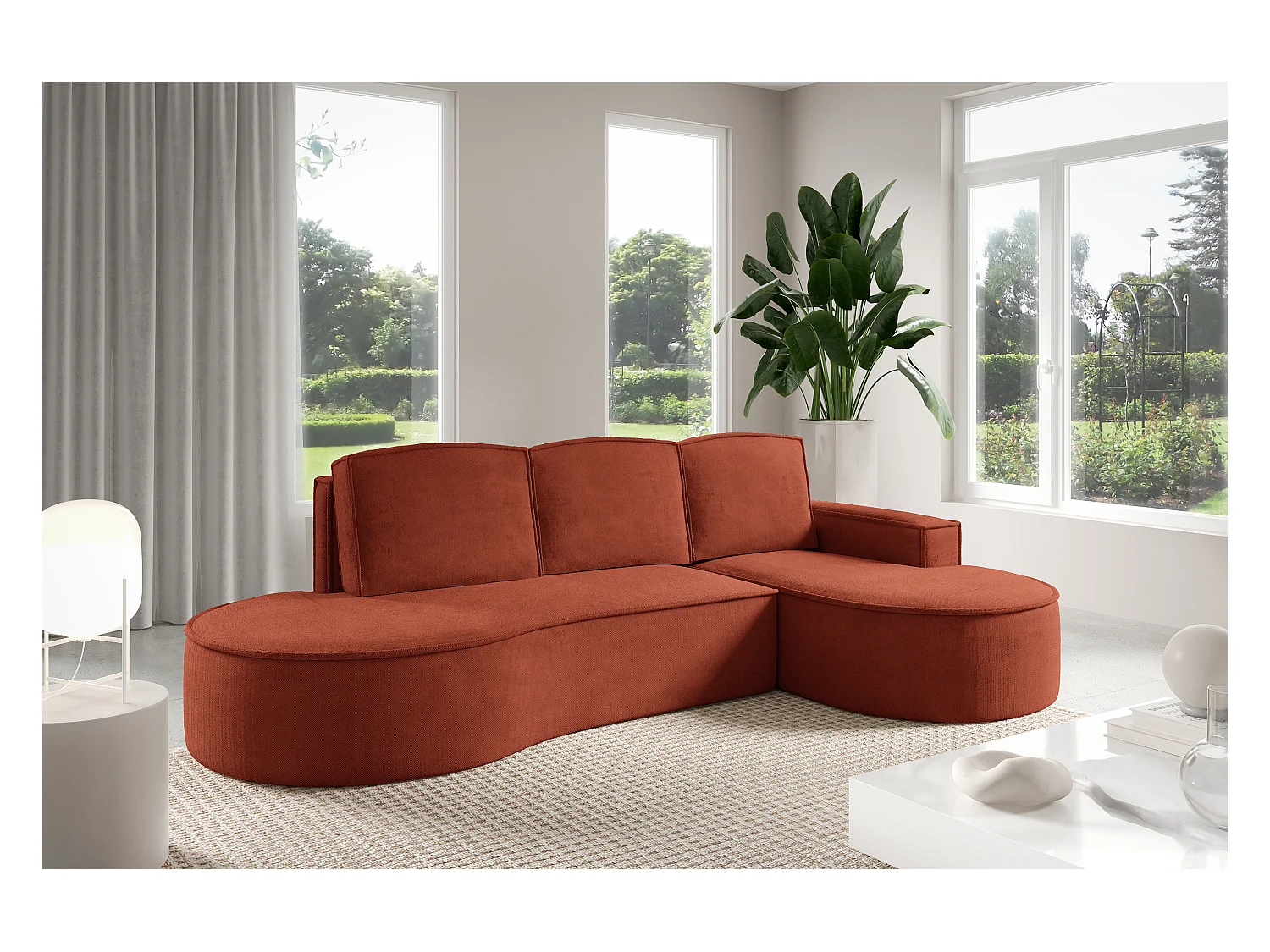 Canapé d'angle MOLLY avec couchage - Design arrondi, autoportant, 140x207 cm, 3 coussins, tissu Curio, 277x157x88 cm, côté droit brun