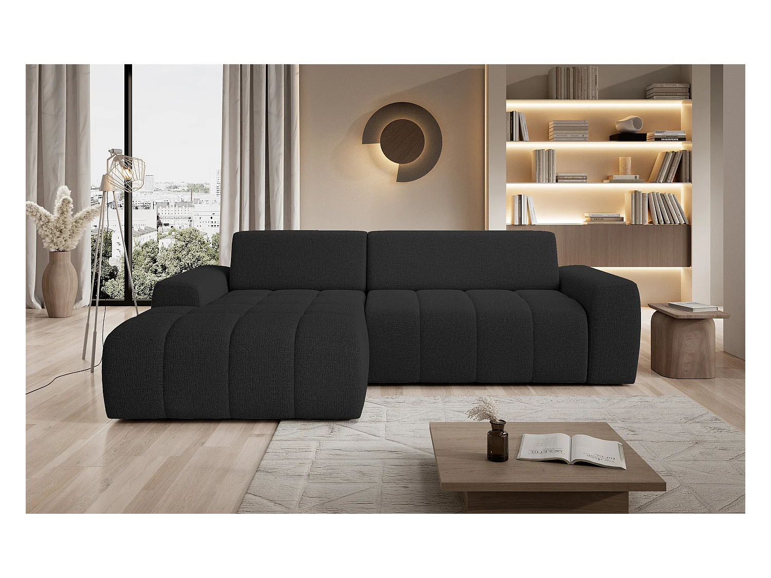 Canapé d'angle Savio indépendant, tissu Kansas résistant, dim. 265x172x81cm, couchage 206x92cm, côté gauche, anthracite
