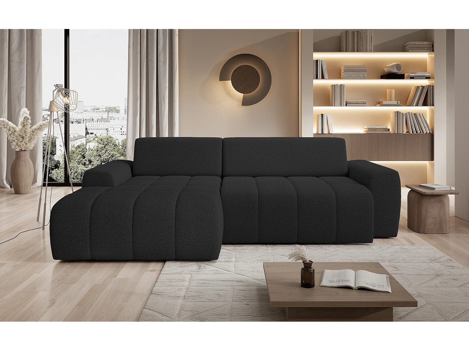 Canapé d'angle Savio indépendant, tissu Kansas résistant, dim. 265x172x81cm, couchage 206x92cm, côté gauche, anthracite