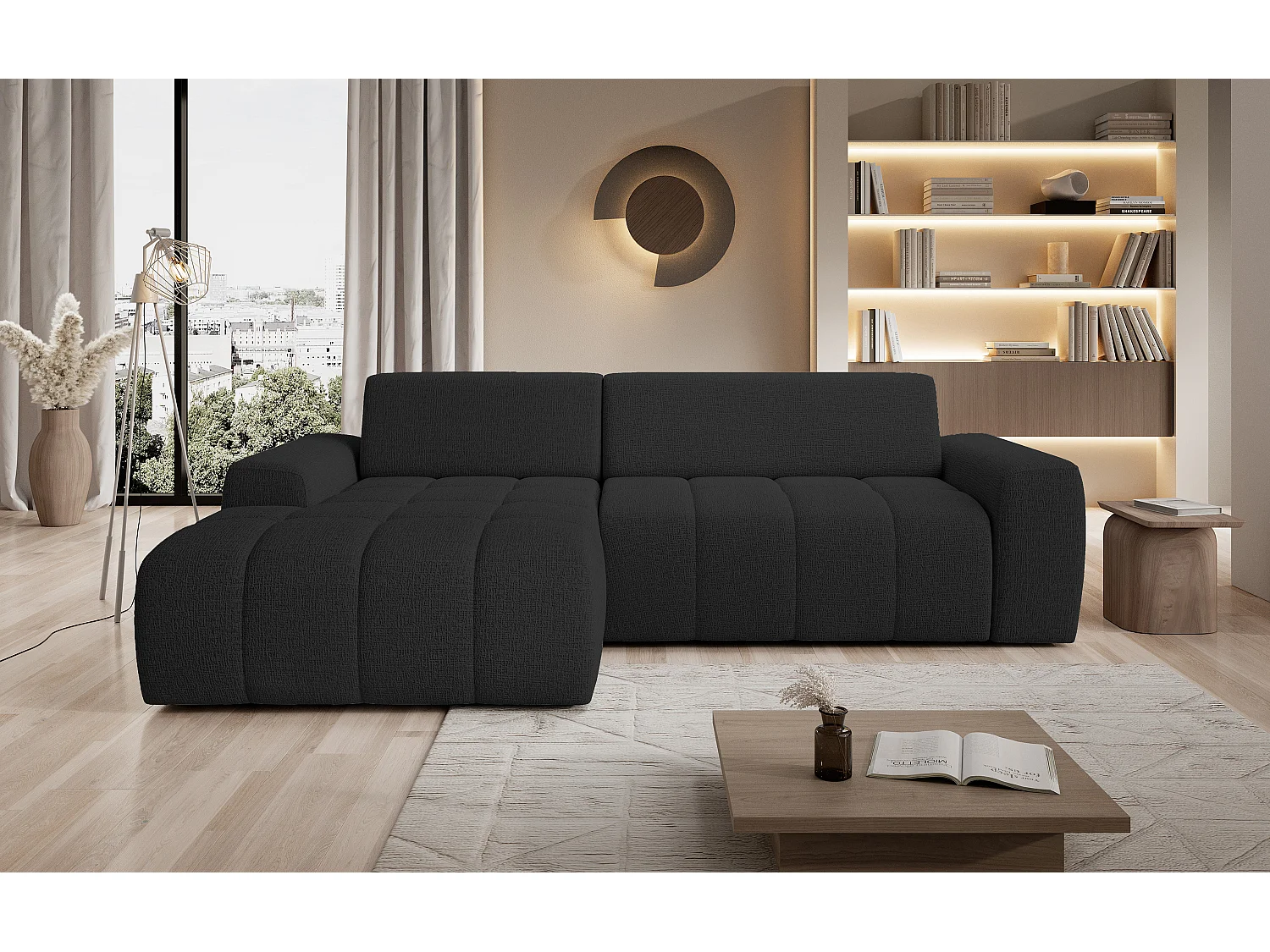 Canapé d'angle Savio indépendant, tissu Kansas résistant, dim. 265x172x81cm, couchage 206x92cm, côté gauche, anthracite