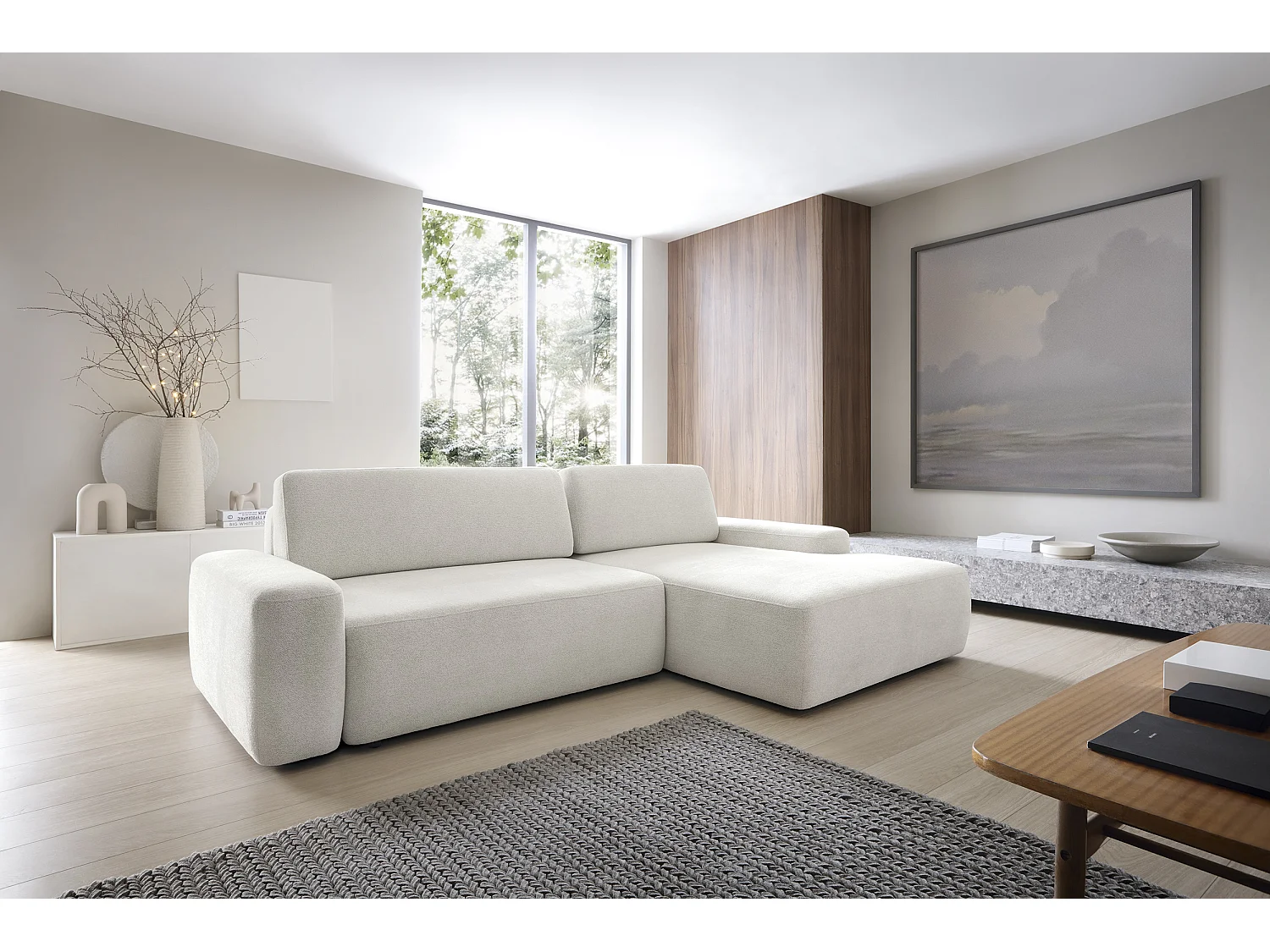 Canapé d’angle BOULI 4 places Raven, couchage 130x210cm, coffre, 264x162x82cm, droite beige