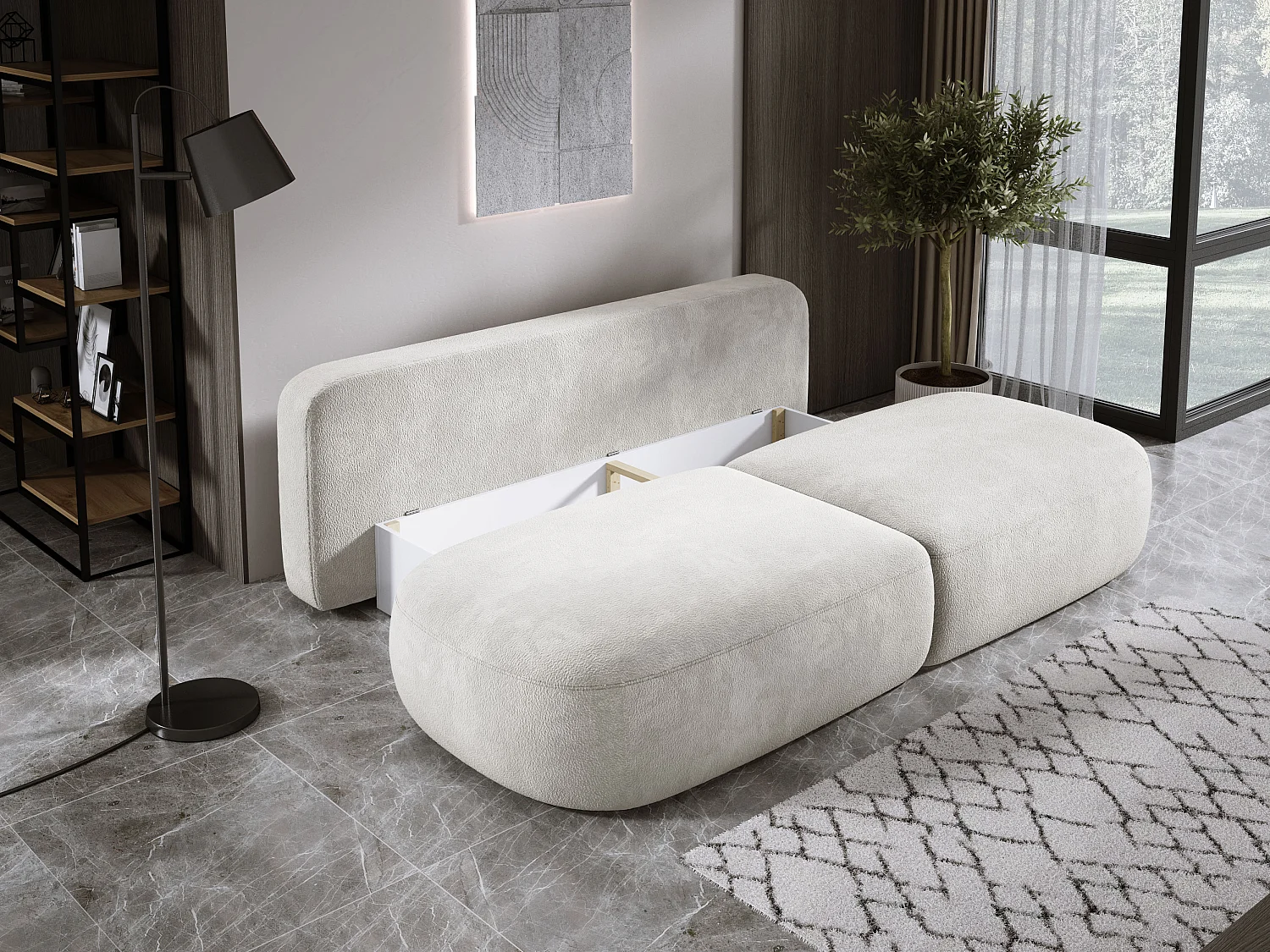 Canapé-lit moderne BABU avec coffre, fonction sommeil, DL-Automat, 2 coussins dossier, 2 coussins déco, 240x90x90 cm Beige