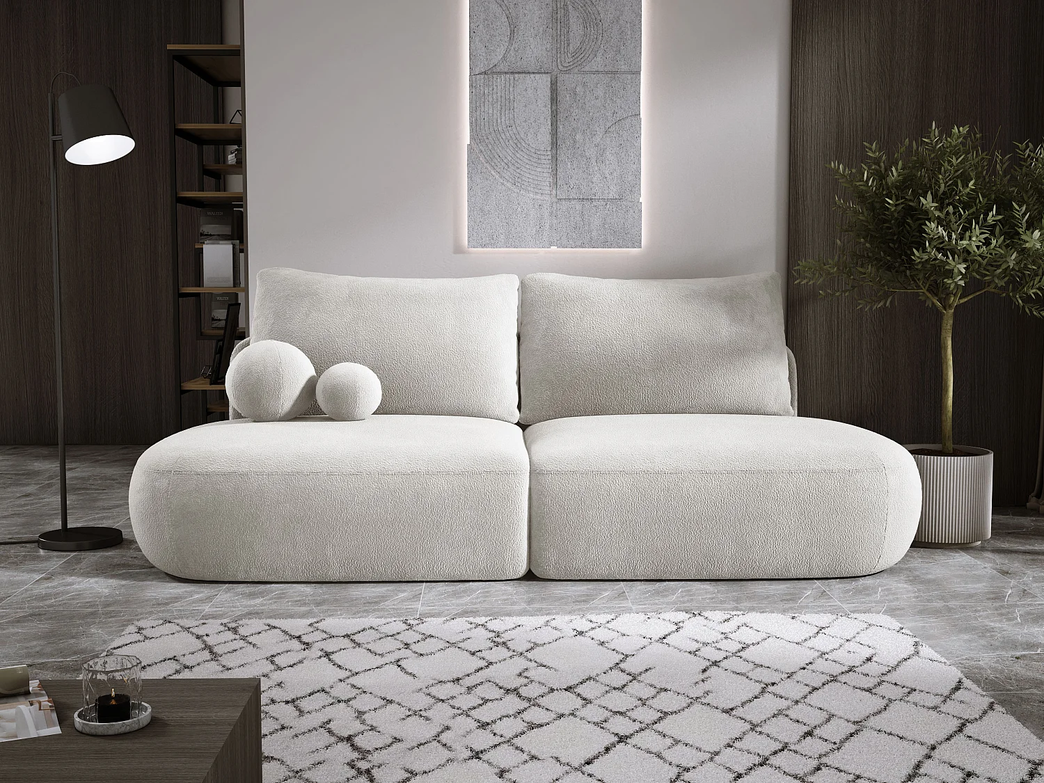 Canapé-lit moderne BABU avec coffre, fonction sommeil, DL-Automat, 2 coussins dossier, 2 coussins déco, 240x90x90 cm Beige