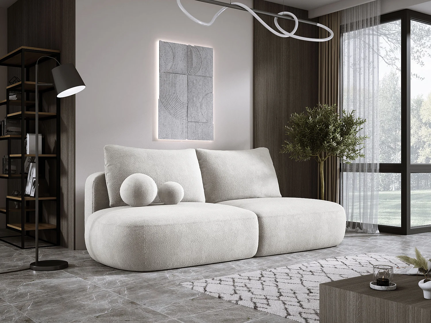 Canapé-lit moderne BABU avec coffre, fonction sommeil, DL-Automat, 2 coussins dossier, 2 coussins déco, 240x90x90 cm Beige
