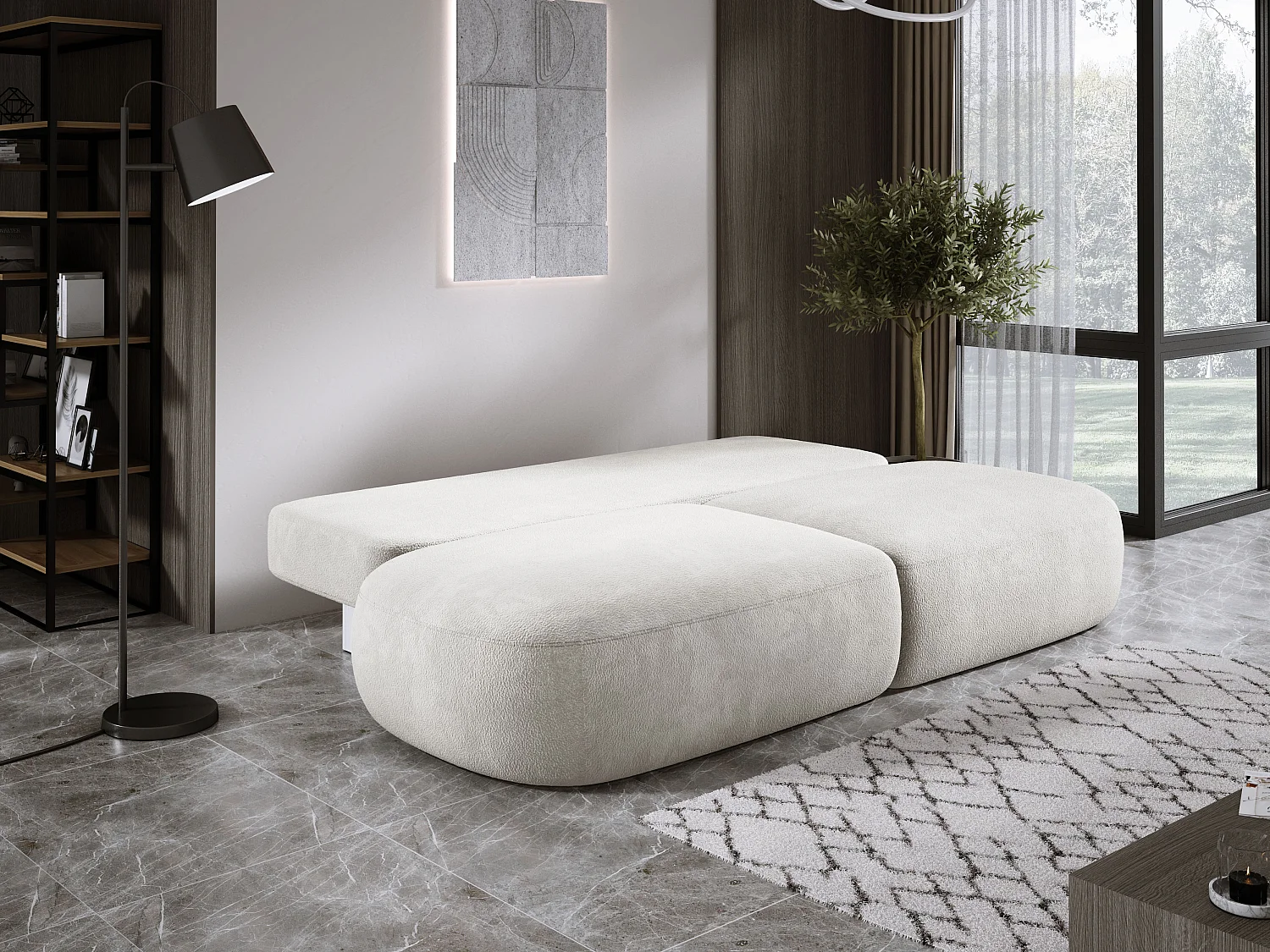 Canapé-lit moderne BABU avec coffre, fonction sommeil, DL-Automat, 2 coussins dossier, 2 coussins déco, 240x90x90 cm Beige