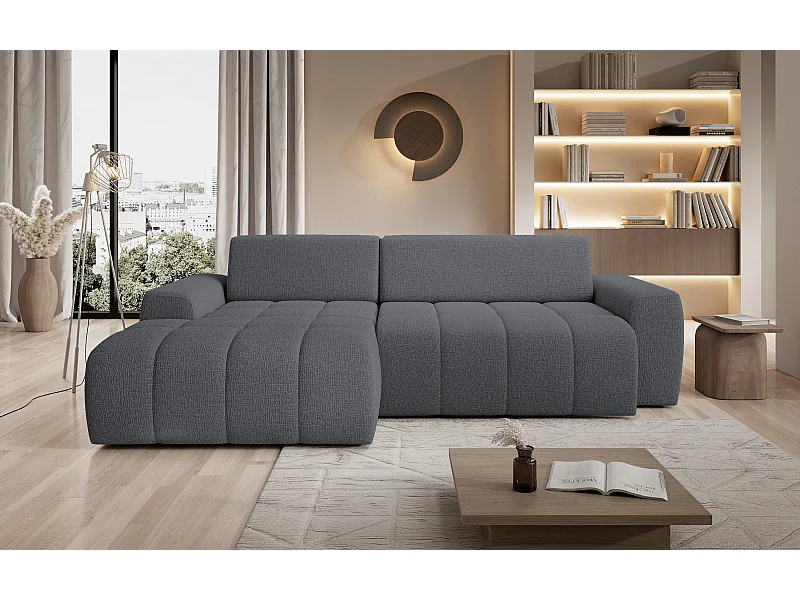 Canapé d'angle Savio indépendant, tissu Kansas résistant, dim. 265x172x81cm, couchage 206x92cm, côté gauche, gris