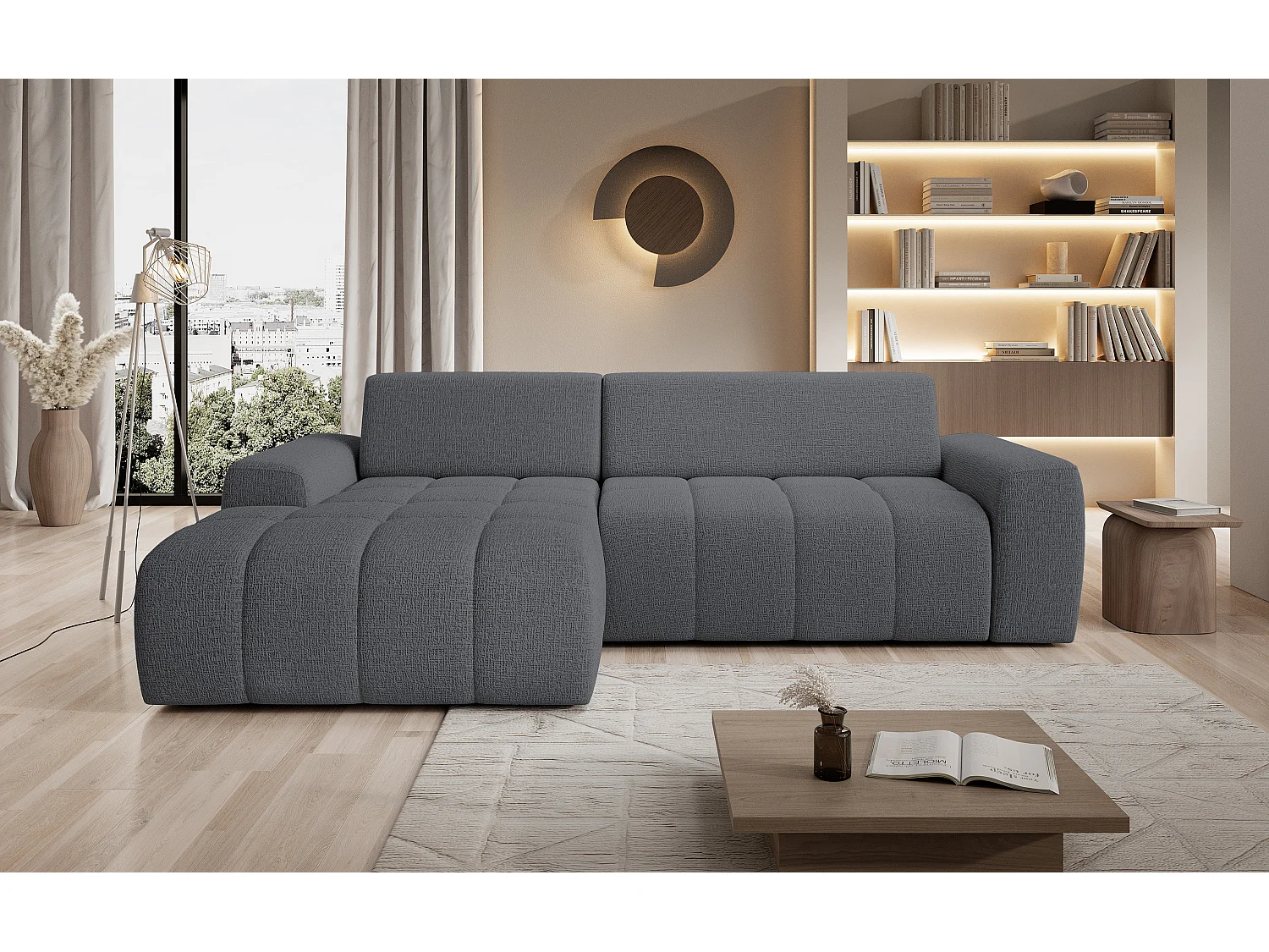 Canapé d'angle Savio indépendant, tissu Kansas résistant, dim. 265x172x81cm, couchage 206x92cm, côté gauche, gris