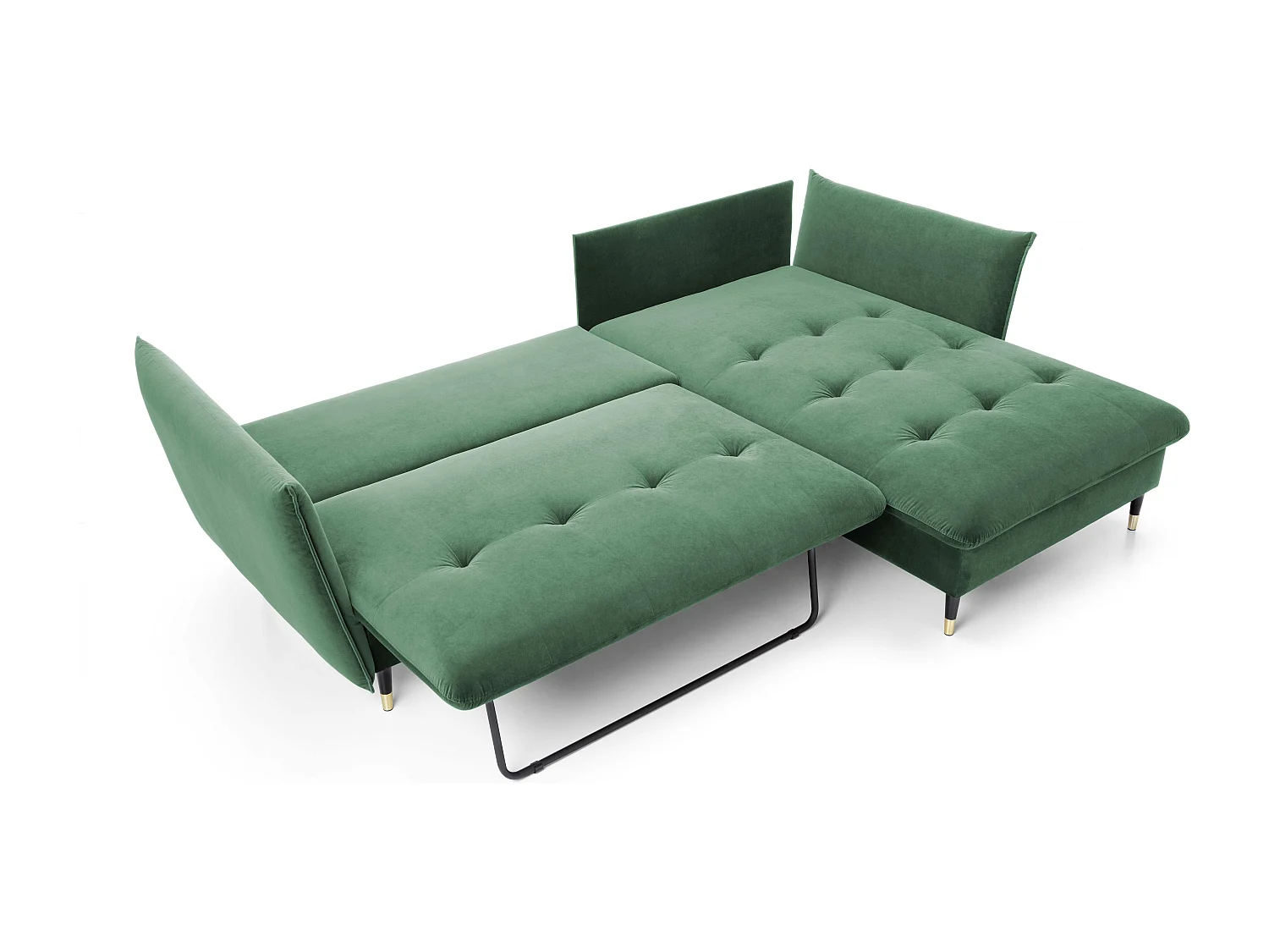 Narożnik GLAM z funkcją spania, otomana, złote nogi, welur, styl glamour, poduszki, 258x167x91cm, prawa strona zielony