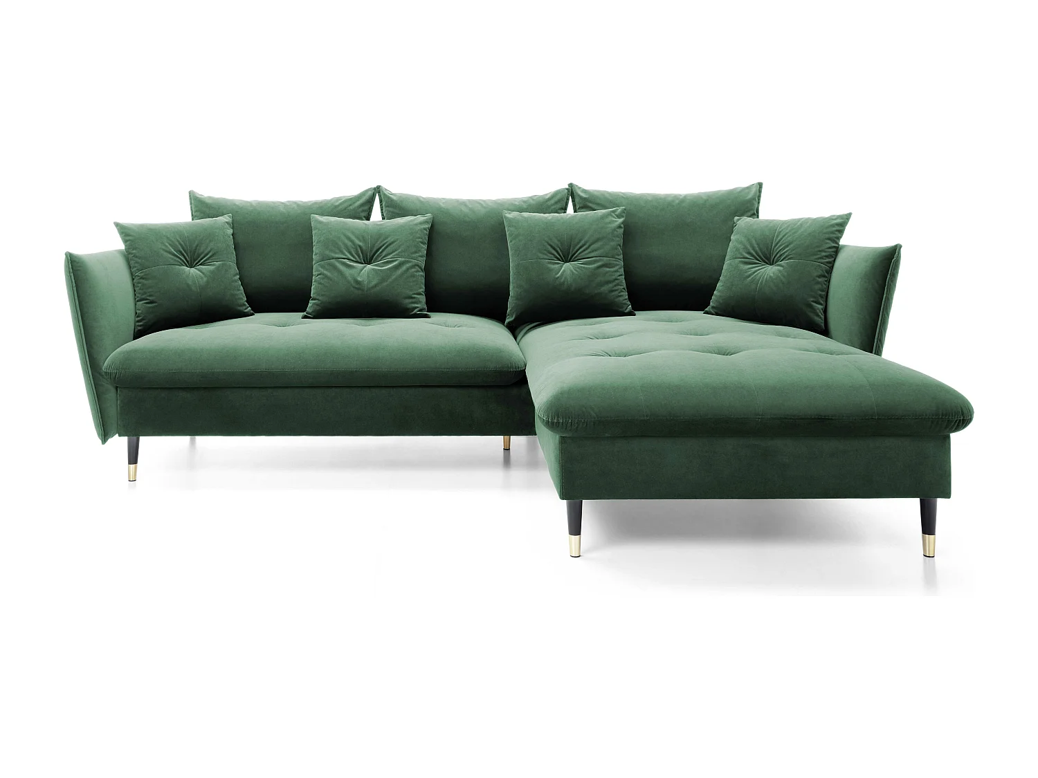 Canapé d'angle GLAM convertible, ottomane & pieds dorés – canapé en velours style glamour avec coussins déco, 258x167x91 cm, côté droit VERT