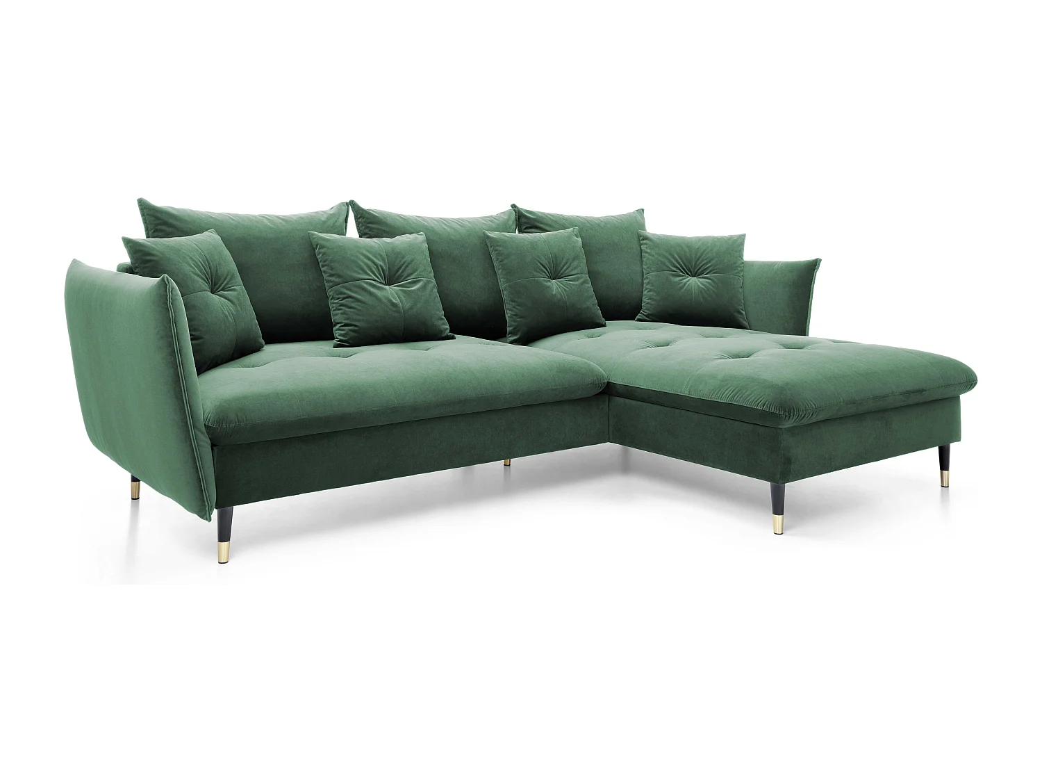 Canapé d'angle GLAM convertible, ottomane & pieds dorés – canapé en velours style glamour avec coussins déco, 258x167x91 cm, côté droit VERT