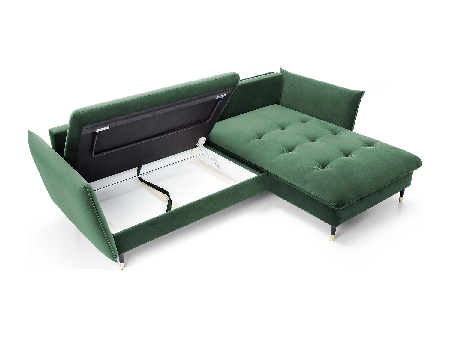 Canapé d'angle GLAM convertible, ottomane & pieds dorés – canapé en velours style glamour avec coussins déco, 258x167x91 cm, côté droit VERT