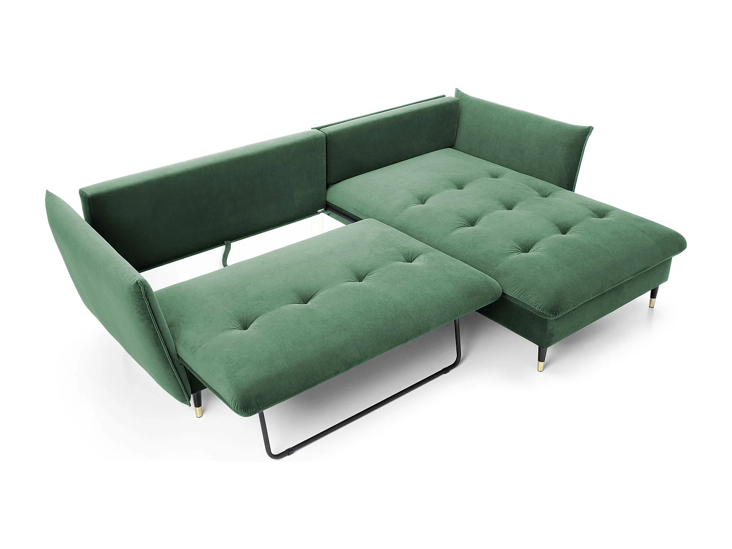Canapé d'angle GLAM convertible, ottomane & pieds dorés – canapé en velours style glamour avec coussins déco, 258x167x91 cm, côté droit VERT