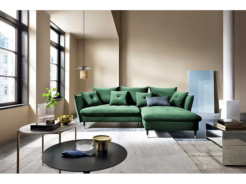 Canapé d'angle GLAM convertible, ottomane & pieds dorés – canapé en velours style glamour avec coussins déco, 258x167x91 cm, côté droit VERT