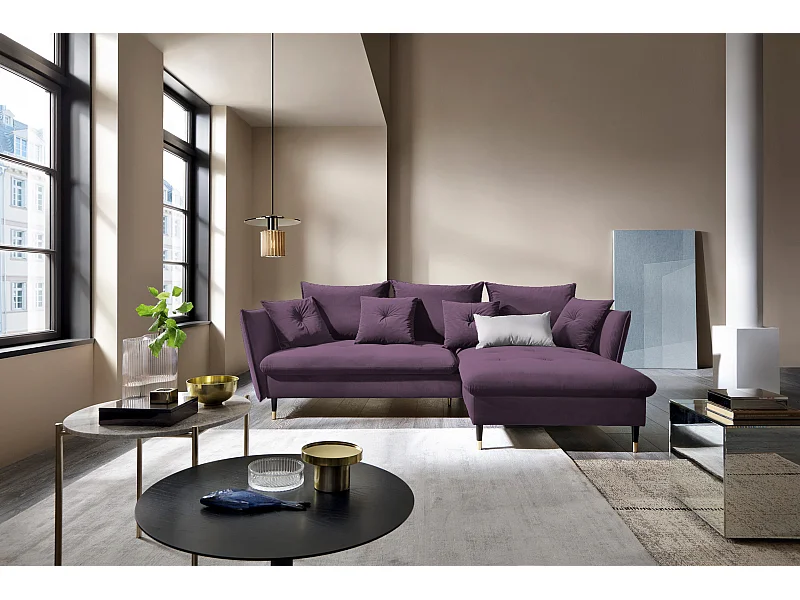 Narożnik GLAM z funkcją spania, otomana, złote nogi, welur, styl glamour, poduszki, 258x167x91cm, prawa strona fioletowy