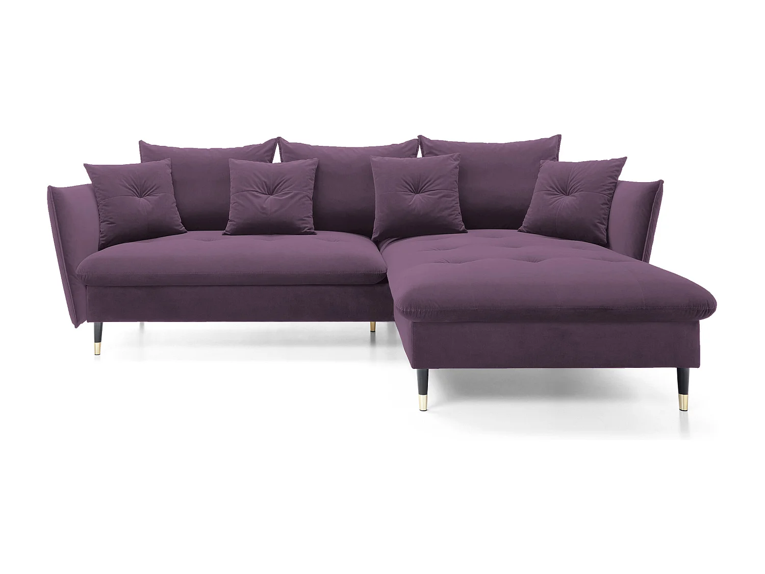 Ecksofa GLAM mit Schlaffunktion, Ottomane & goldenen Füßen – Samtsofa im Glamour-Stil mit Zierkissen, 258x167x91cm, Rechte Seite LILA