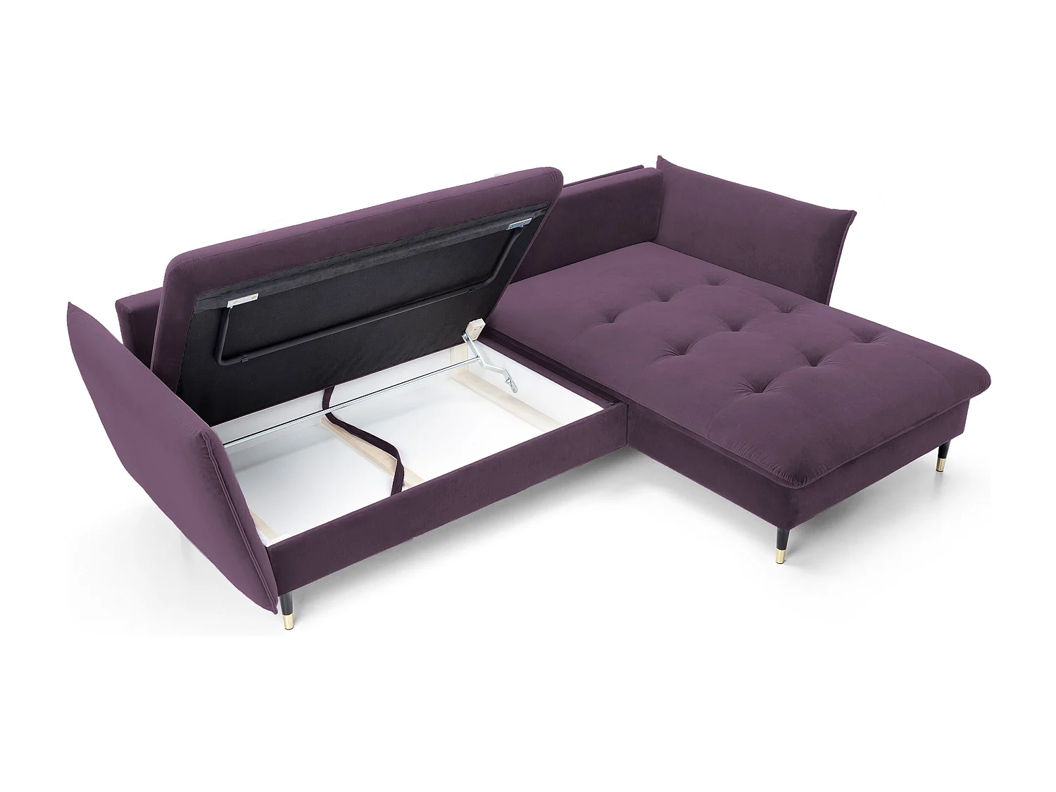 Ecksofa GLAM mit Schlaffunktion, Ottomane & goldenen Füßen – Samtsofa im Glamour-Stil mit Zierkissen, 258x167x91cm, Rechte Seite LILA