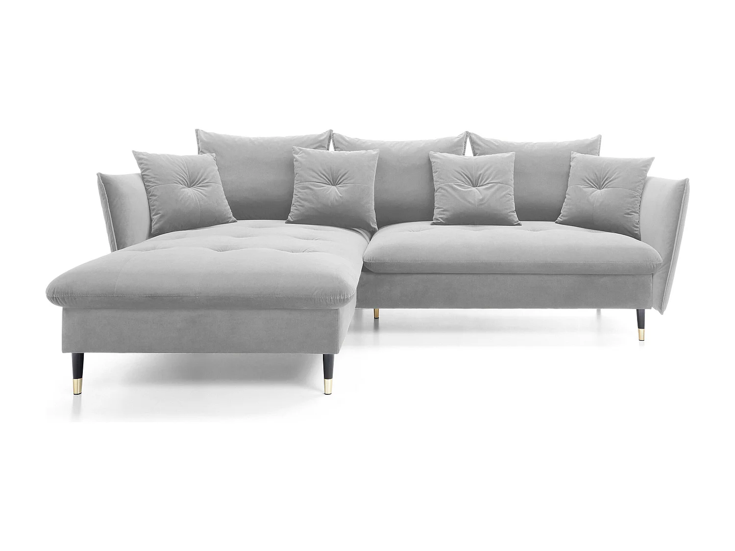Ecksofa GLAM mit Schlaffunktion, Ottomane & goldenen Füßen – Samtsofa im Glamour-Stil mit Zierkissen, 258x167x91cm, Linke Seite HELL GRAU