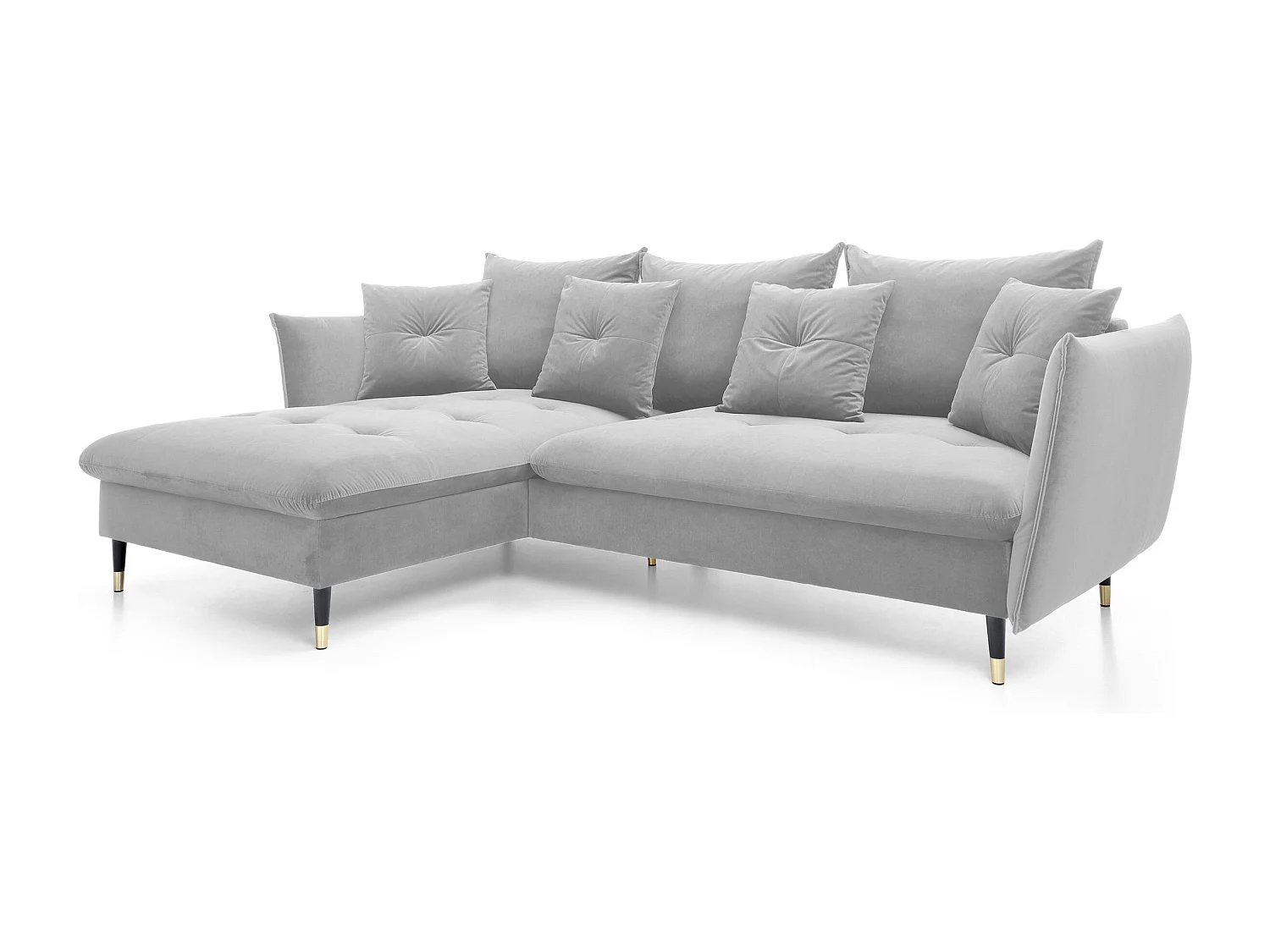 Ecksofa GLAM mit Schlaffunktion, Ottomane & goldenen Füßen – Samtsofa im Glamour-Stil mit Zierkissen, 258x167x91cm, Linke Seite HELL GRAU