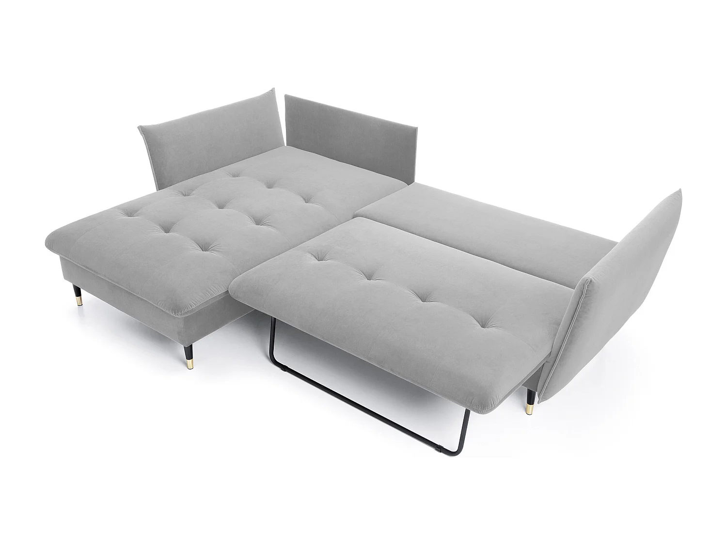 Ecksofa GLAM mit Schlaffunktion, Ottomane & goldenen Füßen – Samtsofa im Glamour-Stil mit Zierkissen, 258x167x91cm, Linke Seite HELL GRAU