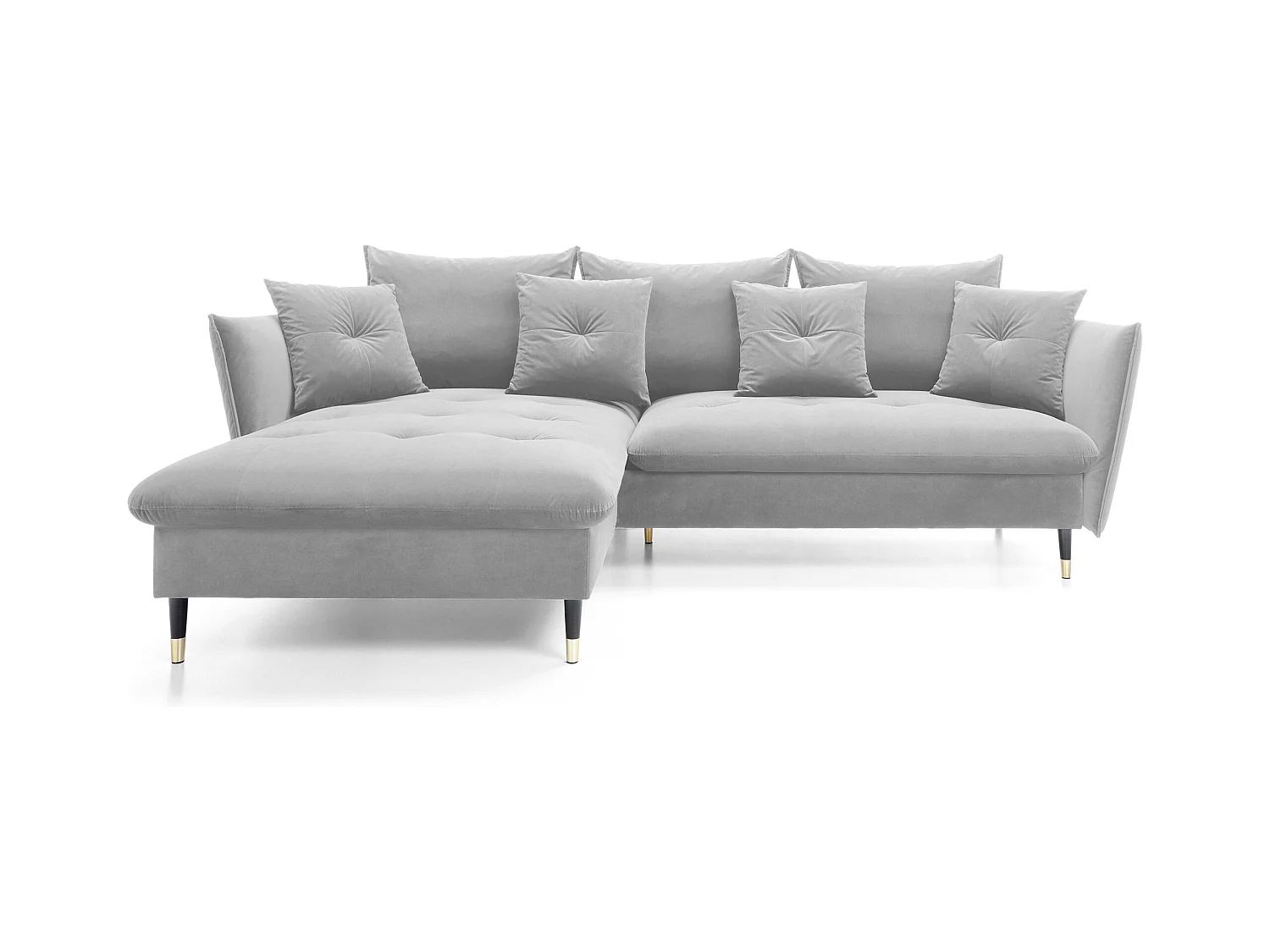 Canapé d'angle GLAM convertible, ottomane & pieds dorés – canapé en velours style glamour avec coussins déco, 258x167x91 cm, côté gauche GRIS CLAIR