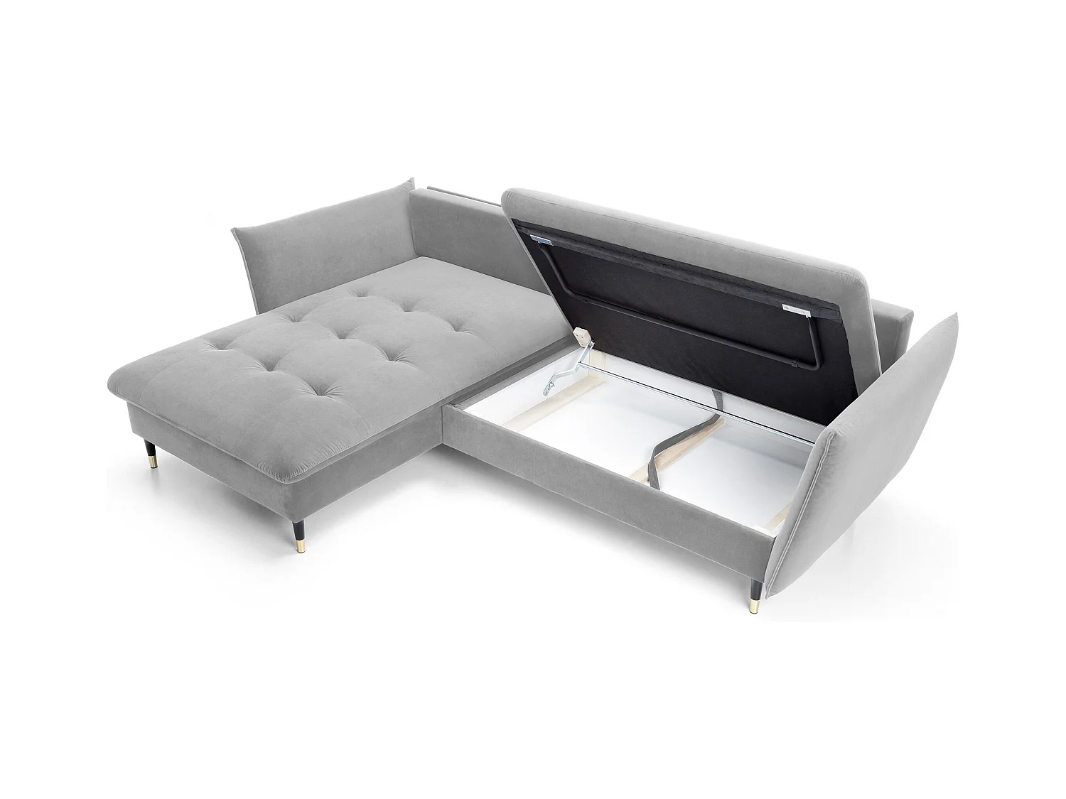 Canapé d'angle GLAM convertible, ottomane & pieds dorés – canapé en velours style glamour avec coussins déco, 258x167x91 cm, côté gauche GRIS CLAIR