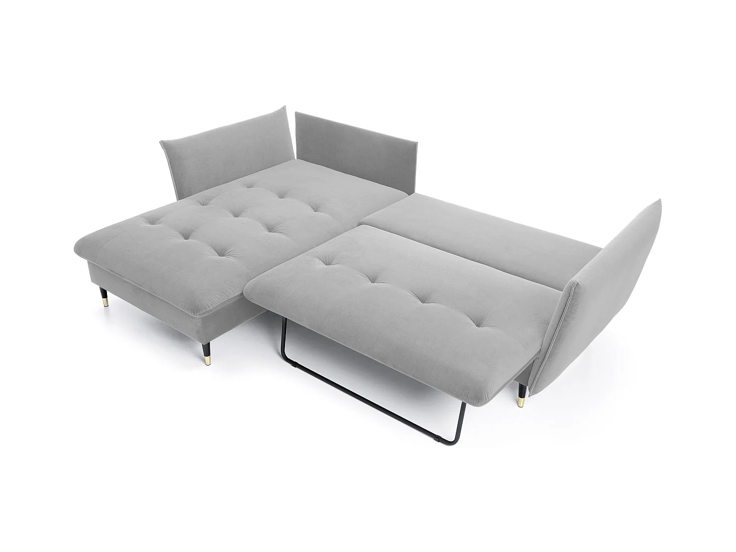 Canapé d'angle GLAM convertible, ottomane & pieds dorés – canapé en velours style glamour avec coussins déco, 258x167x91 cm, côté gauche GRIS CLAIR