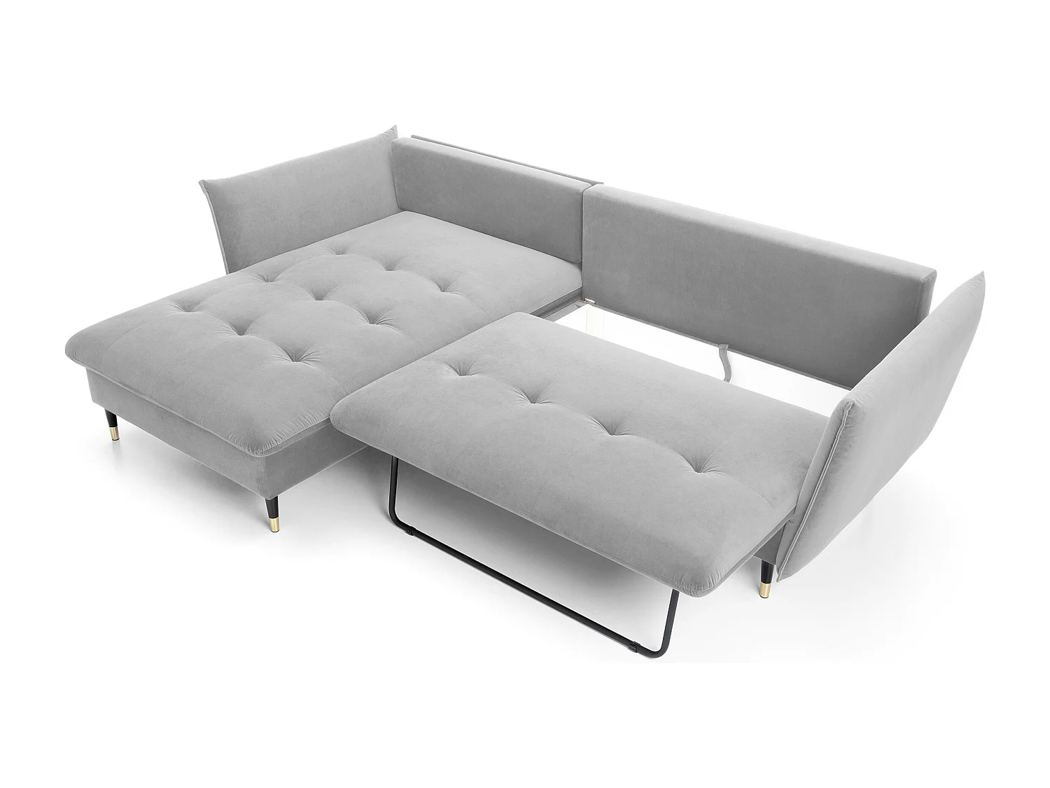 Canapé d'angle GLAM convertible, ottomane & pieds dorés – canapé en velours style glamour avec coussins déco, 258x167x91 cm, côté gauche GRIS CLAIR