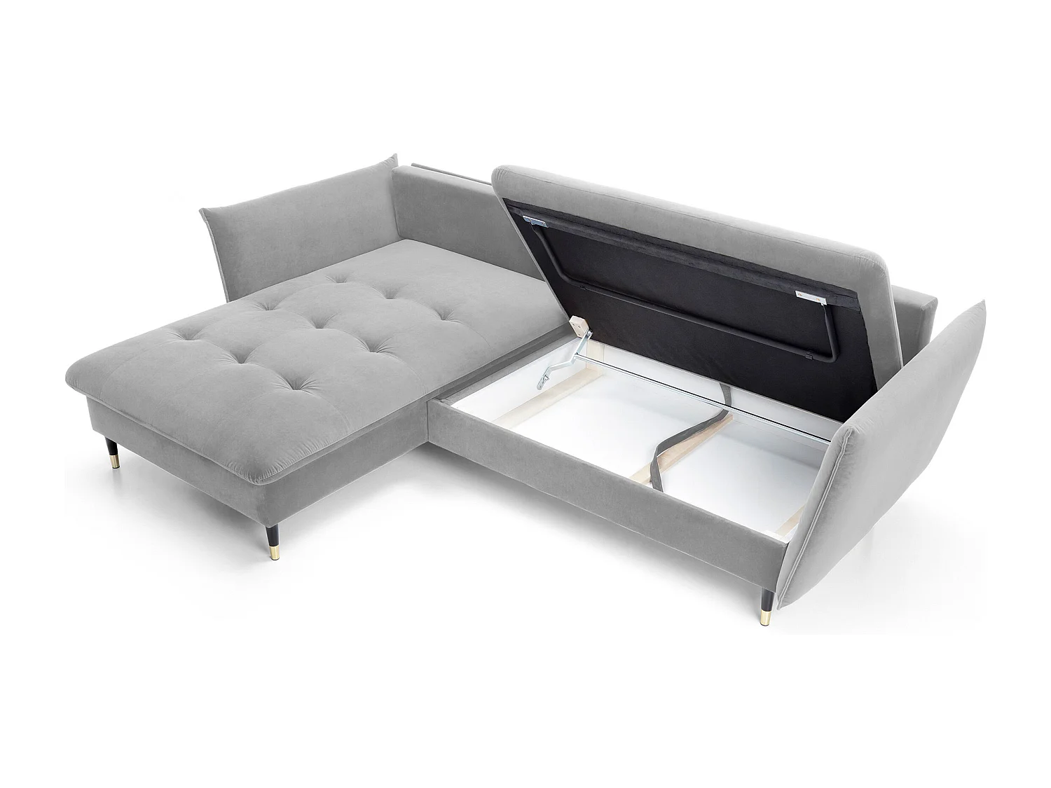 Canapé d'angle GLAM convertible, ottomane & pieds dorés – canapé en velours style glamour avec coussins déco, 258x167x91 cm, côté gauche GRIS CLAIR