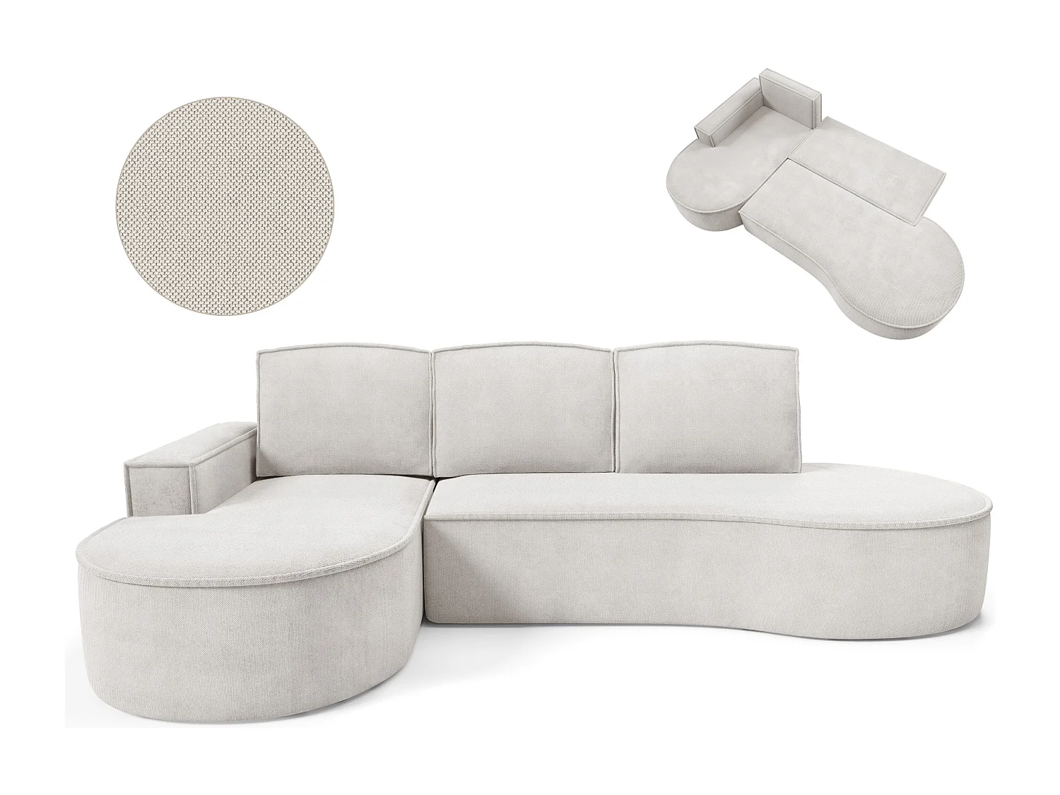 Ecksofa MOLLY mit Schlaffunktion – Halbrund, freistehend, Liegefläche 140x207 cm, 3 Kissen, Abriamo-Stoff, 277x157x88 cm, Links Weiß