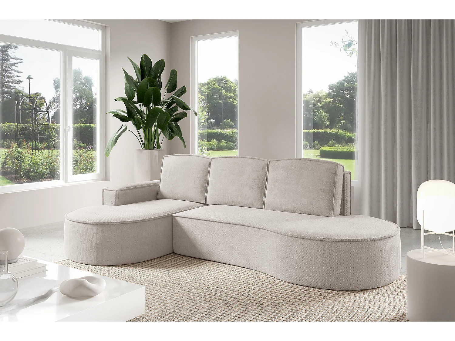 Canapé d'angle MOLLY avec couchage - Design arrondi, autoportant, 140x207 cm, 3 coussins, tissu Abriamo, 277x157x88 cm, côté gauche blanc