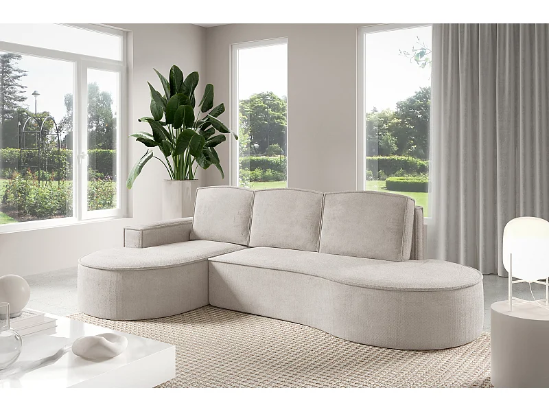 Canapé d'angle MOLLY avec couchage - Design arrondi, autoportant, 140x207 cm, 3 coussins, tissu Abriamo, 277x157x88 cm, côté gauche blanc