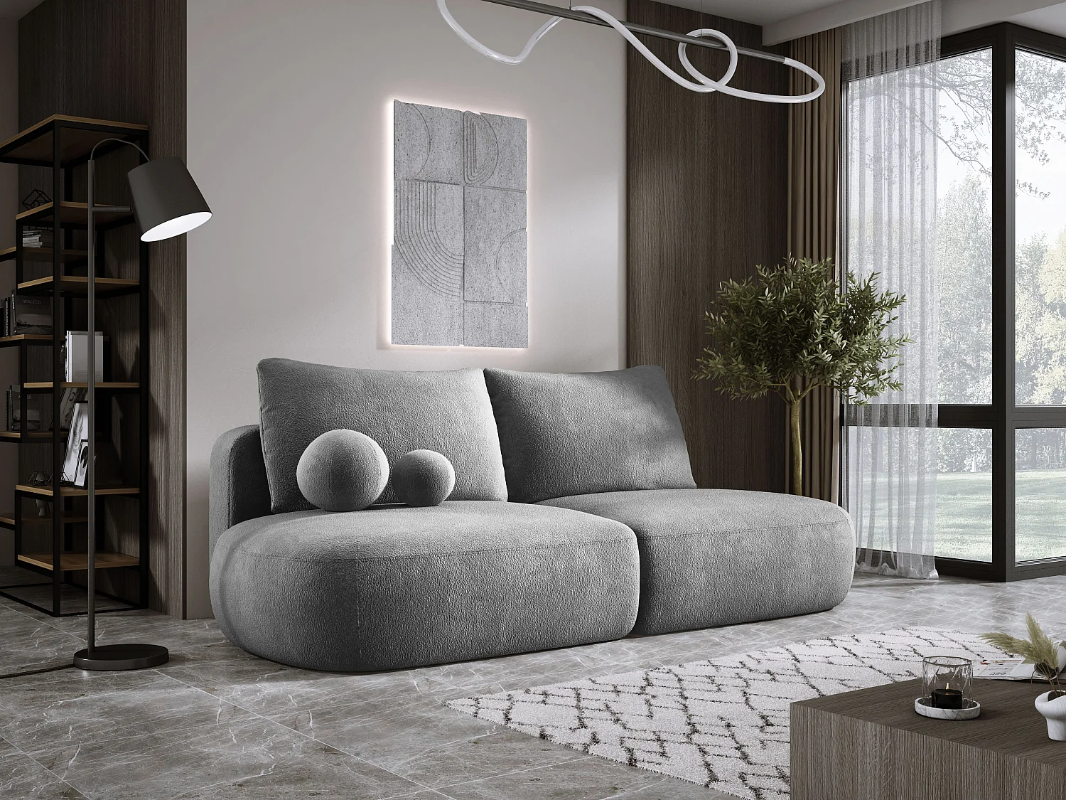 Moderne slaapbank BABU met opbergruimte, slaapfunctie, DL-Automat, 2 rugkussens, 2 sierkussens, 240x90x90 cm Es