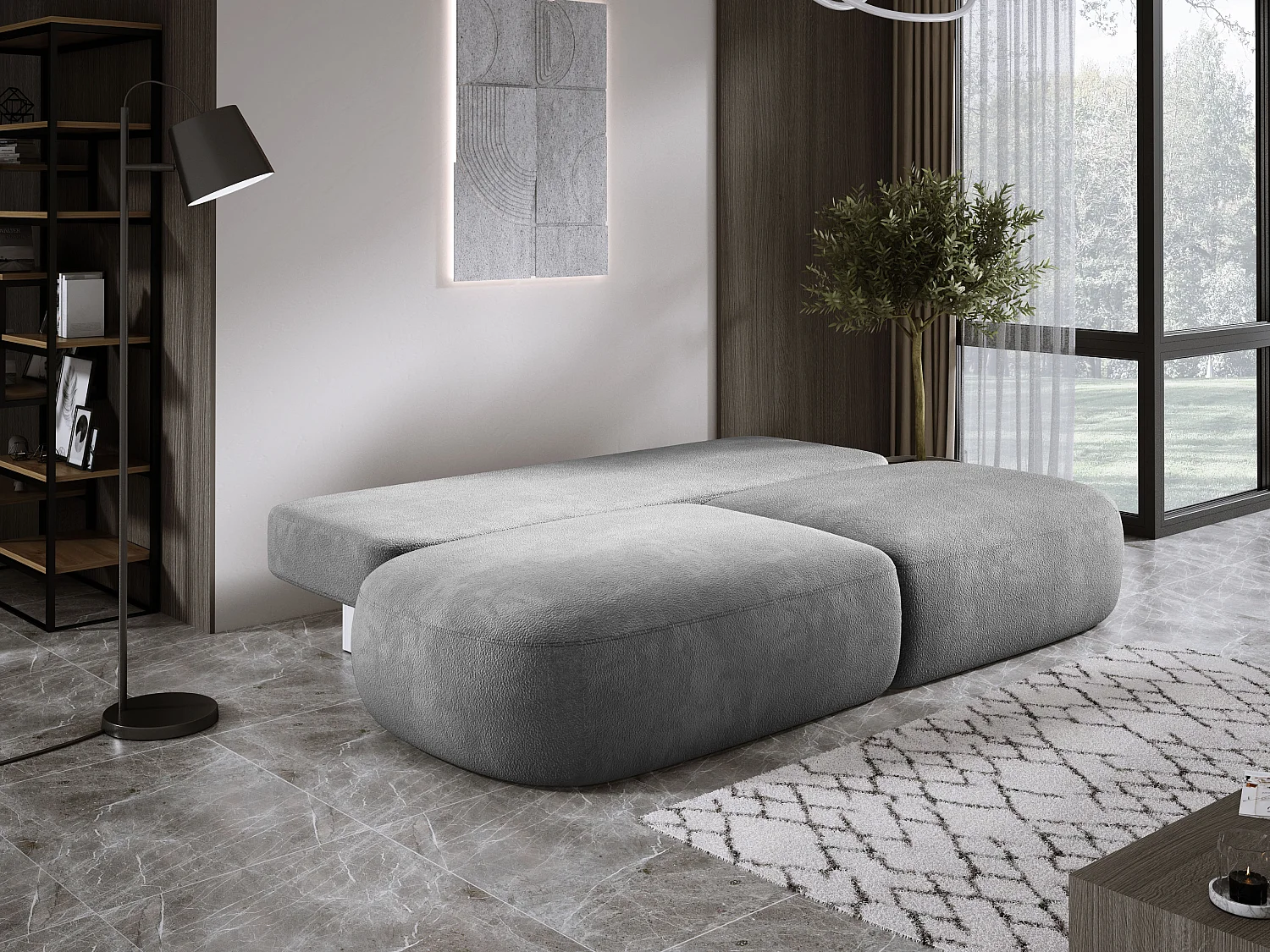 Canapé-lit moderne BABU avec coffre, fonction sommeil, DL-Automat, 2 coussins dossier, 2 coussins déco, 240x90x90 cm Frêne