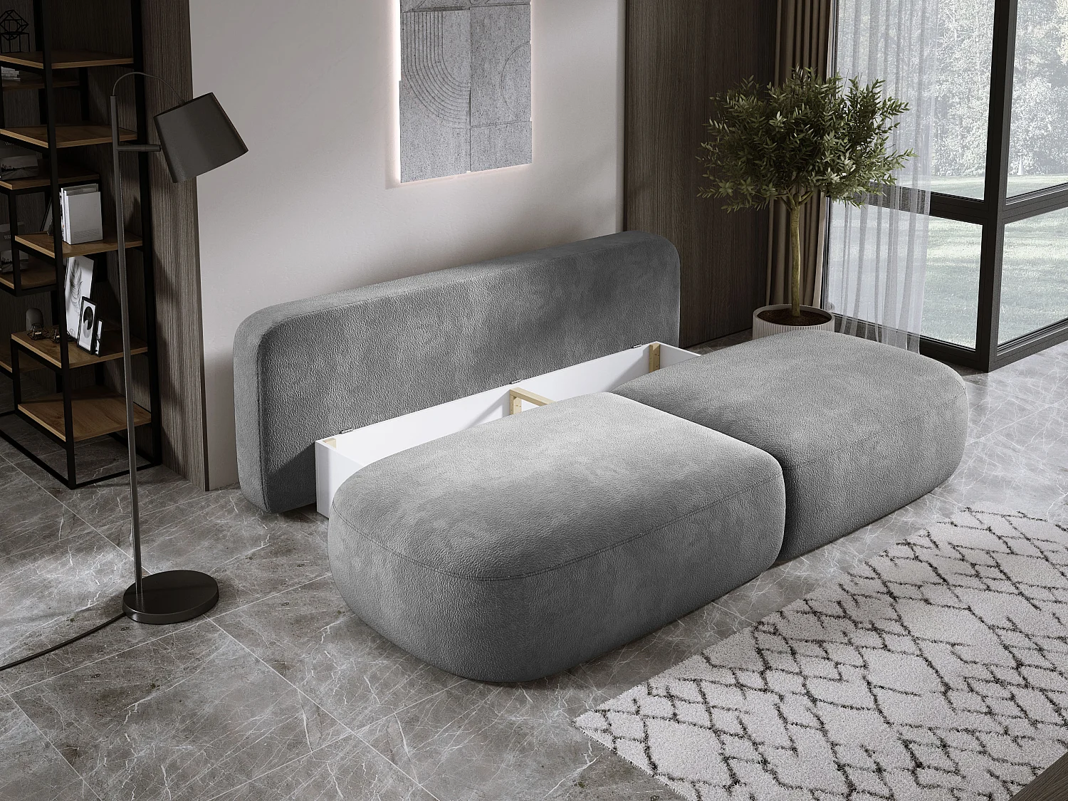 Canapé-lit moderne BABU avec coffre, fonction sommeil, DL-Automat, 2 coussins dossier, 2 coussins déco, 240x90x90 cm Frêne