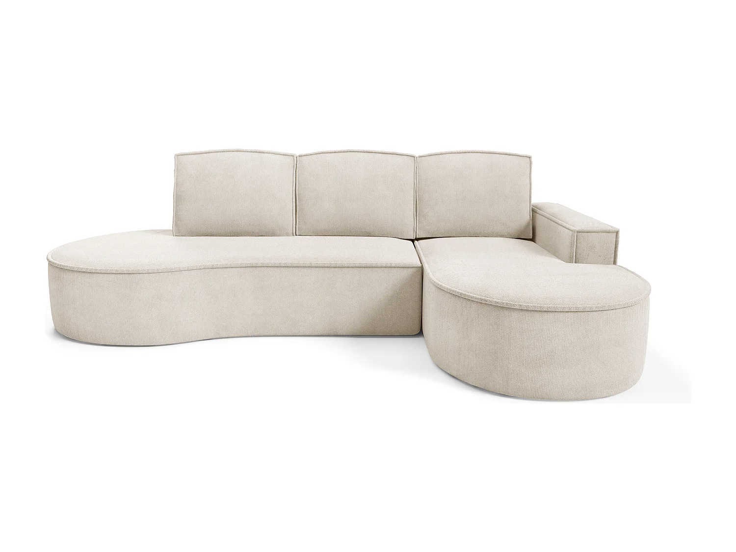 Canapé d'angle MOLLY avec couchage - Design arrondi, autoportant, 140x207 cm, 3 coussins, tissu Curio, 277x157x88 cm, côté droit beige