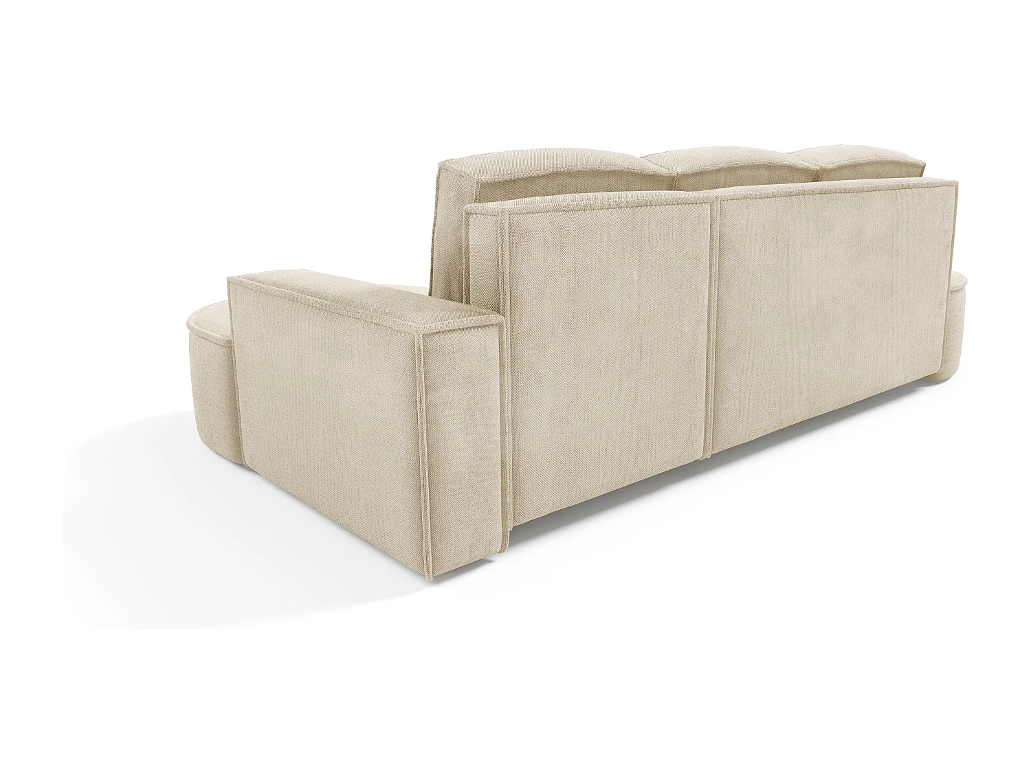 Canapé d'angle MOLLY avec couchage - Design arrondi, autoportant, 140x207 cm, 3 coussins, tissu Curio, 277x157x88 cm, côté droit beige
